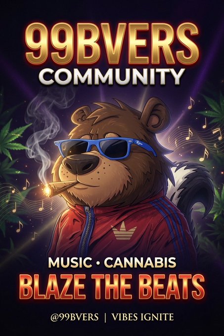 A promotional graphic for '99BVERS COMMUNITY' featuring a cartoon bear wearing sunglasses and an Adidas jacket, smoking a cigar, with text reading 'MUSIC • CANNABIS', 'BLAZE THE BEATS', '@99BVERS | VIBES IGNITE'.