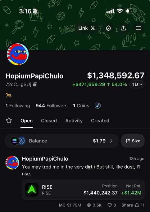 Mobile screenshot of a Polymarket-style prediction market profile for user 'HopiumPapiChulo' showing a $1,348,592.67 portfolio (+54.0%) with an open position on 'RISE' worth $1,440,242.37.
