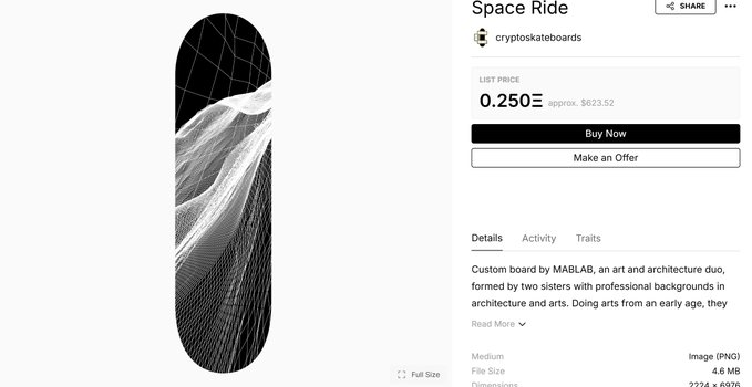 A screenshot of a digital storefront listing for a custom skateboard deck titled "Space Ride" by "cryptoskateboards," featuring a black and white wireframe design priced at 0.250 ETH (approx. $623.52).