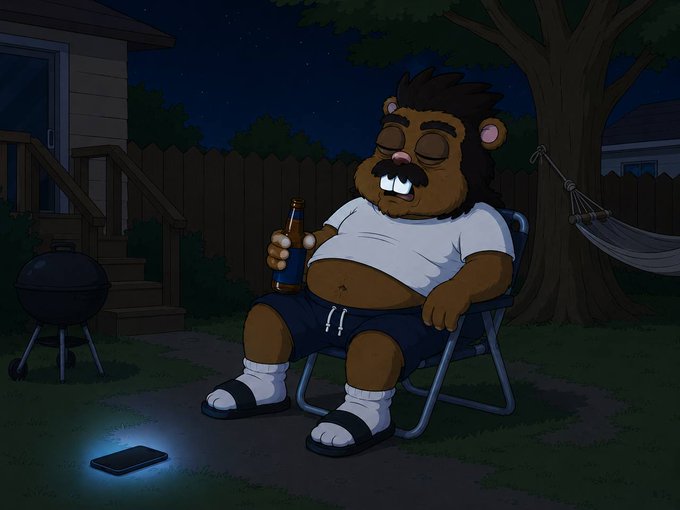 Cartoon illustration of an anthropomorphic beaver character relaxing in a lawn chair at night, drinking a beer with a glowing phone on the ground beside a house with a grill and hammock.