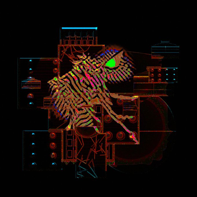A psychedelic digital artwork featuring a colorful, zebra-striped frog-like creature with a bright green eye, set against a black background with technical, neon-outlined mechanical structures.