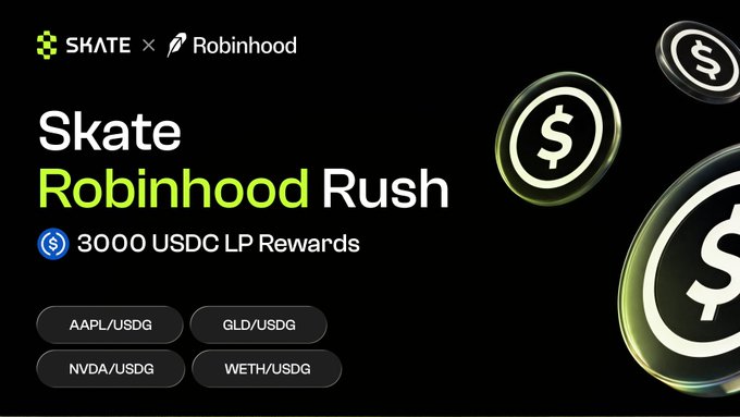 A promotional graphic for the "Skate Robinhood Rush" campaign, featuring the Skate and Robinhood logos, announcing 3,000 USDC in LP rewards for liquidity providers on four pools: AAPL/USDG, GLD/USDG, NVDA/USDG, and WETH/USDG, decorated with floating dollar sign coin icons.