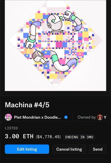 The image shows a small picture of a robot with many arms, each holding an object. A caption at the bottom reads "Editing listing #3,4,7,7545,47,76,45,8,76". It appears that someone has edited and listed this item for sale on a platform called ETH. The post also states that the robot is "owned by Y", suggesting it's been purchased or sold recently.