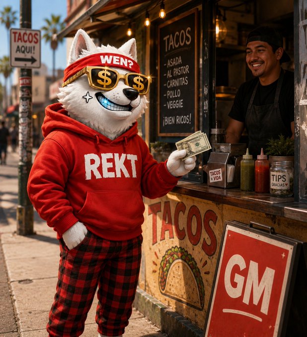 An illustration of an anthropomorphic white dog wearing a red 'REKT' hoodie, gold dollar-sign sunglasses, and a 'WEN?' headband, holding a dollar bill at a taco stand labeled 'TACOS' and 'GM'.