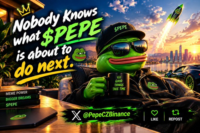 A promotional image for the $PEPE cryptocurrency featuring an anthropomorphic Pepe the Frog wearing sunglasses and a $PEPE cap, lounging in a luxury setting with a city skyline, sports car, and rocket in the background, with the text 'Nobody Knows what $PEPE is about to do next' and the Twitter handle '@PepeCZBinance'.