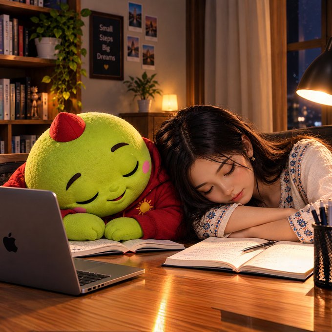 A cozy nighttime scene shows a young woman sleeping with her head on a desk next to a green plush character wearing a red hoodie, surrounded by a laptop, open notebooks, and warm lamp lighting.