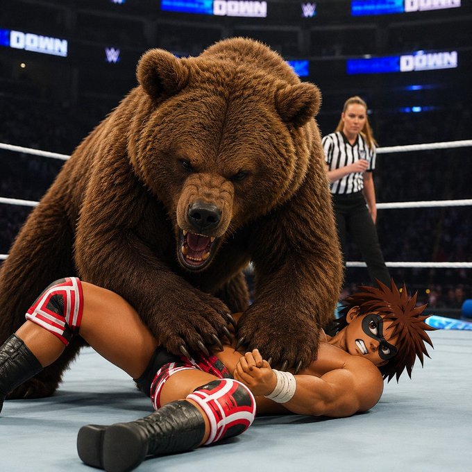 The image features a wrestling scene between a man, who appears to be muscular and well-built like a professional wrestler, and a bear. The bear is standing behind him with its mouth open, seemingly attempting to attack or snatch the wrestler during the match. In addition to this action-packed event, there are other people present in the background watching the wrestling competition between the man and the bear.
