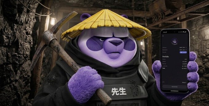 The image features a cartoon panda character dressed as a worker, holding up a cell phone with a "mine" app icon displayed on its screen. The caption below the image reads "True Mining from @solanamobile is great $ORE". This suggests that the panda character might be promoting or discussing a mining app called "@solanamobile", which could be related to the post about mining apps.