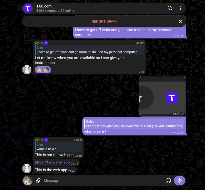 A Telegram group chat from TAO.com (5,096 members, 37 online) shows a user "Gyles" with an "admin" badge attempting to impersonate support, instructing another user "alex" to leave the web platform ("This is not the web app") and click a suspicious link "https://taowallet.app," which is a classic phishing scam tactic highlighted in the post.