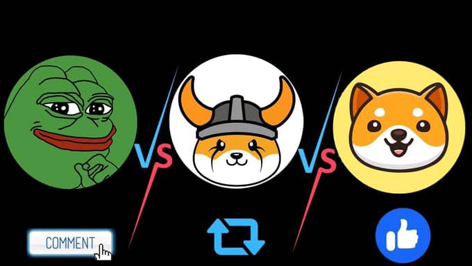 A YouTube-style comparison graphic shows three cartoon meme characters — Pepe the Frog, a Shiba Inu wearing a viking helmet, and a smiling Doge — separated by red 'VS' dividers, with Comment, retweet, and like buttons below.