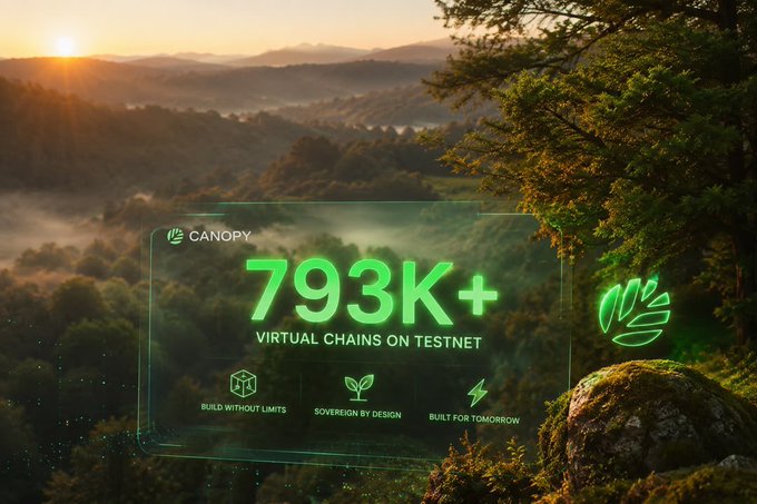 A scenic sunrise landscape featuring forested hills and mist serves as the backdrop for a digital display showing "CANOPY 793K+ VIRTUAL CHAINS ON TESTNET" alongside icons reading "BUILD WITHOUT LIMITS", "SOVEREIGN BY DESIGN", and "BUILT FOR TOMORROW".