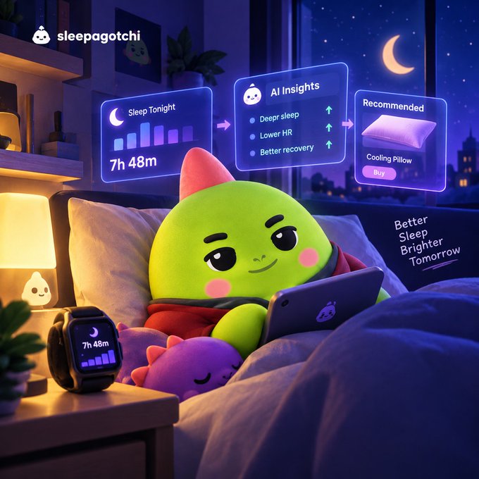 A 3D-rendered advertisement for "sleepagotchi" showing a green, round character with a pink mohawk tucked in bed using a tablet. Floating holographic displays show "Sleep Tonight 7h 48m," "AI Insights" (Deeper sleep, Lower HR, Better recovery), and a "Recommended Cooling Pillow," with a smartwatch on the nightstand displaying matching sleep data and the tagline "Better Sleep Brighter Tomorrow."