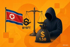 A graphic illustration features the North Korean flag, a Bybit logo, scales of justice, a hooded figure, and a money bag labeled "$ 1.5B" against an orange background.