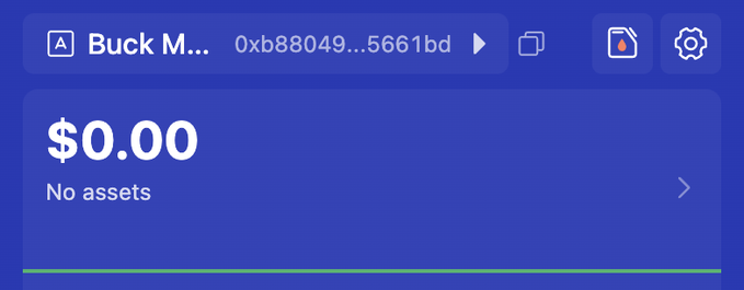 A digital wallet screenshot showing account "Buck M..." with address 0xb8049...5661bd and a balance of $0.00 with "No assets." The empty wallet contrasts with the post's call to send $100 for a fun 40x leveraged BTC gamble timed to the lunar cycle.