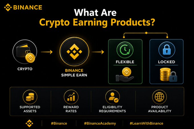 A Binance Academy infographic titled "What Are Crypto Earning Products?" illustrating how users deposit crypto into Binance Simple Earn, choosing between Flexible or Locked options, with key factors including Supported Assets, Reward Rates, Eligibility Requirements, and Product Availability—visually reinforcing the post's message that crypto offers earning opportunities beyond just trading.