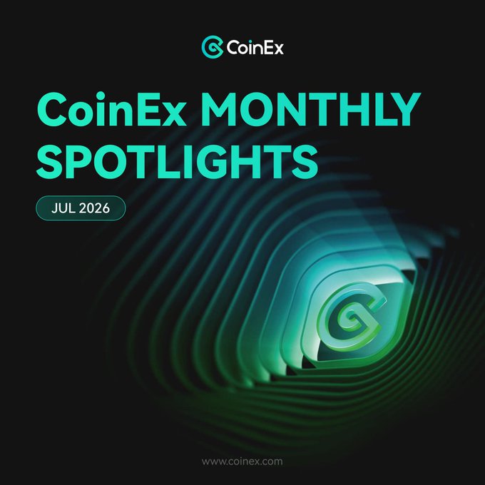 A promotional banner for CoinEx Monthly Spotlights - July 2026, featuring the CoinEx logo and brand name in teal and green against a dark background with a layered, wave-like graphic design, serving as the header image for a social media post recapping the exchange's regional engagement initiatives in Asia and Latin America.