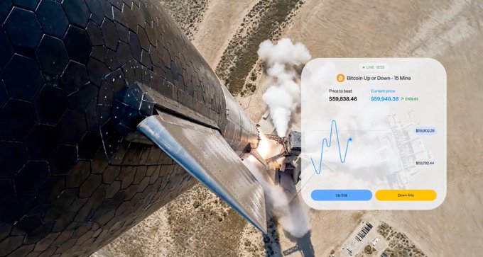 A SpaceX rocket launches from the ground while a floating interface overlays the image, showing a Bitcoin (BTC) "Up or Down" prediction market on Solana with the prior price at $59,836.46 and current price at $59,945.35, offering "Up 1m" and "Down 45s" betting options. The image visually represents the post's theme by juxtaposing a high-tech rocket launch with a Solana-based prediction market platform, symbolizing the "launch" of a new crypto-native betting service.