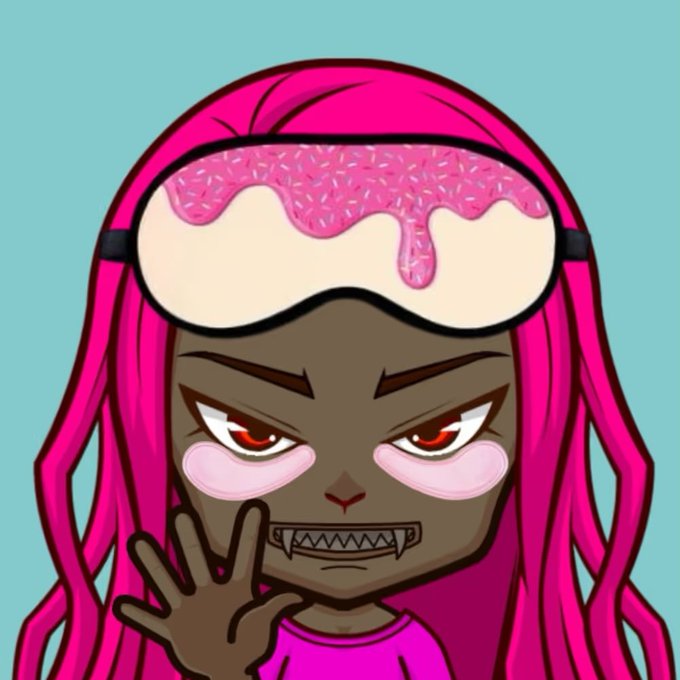An anime-style cartoon character with dark skin, pink hair, and a donut-themed sleep mask pushed up on their forehead, making a hand gesture while showing a fanged grin.