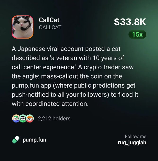 A pump.fun token listing for 'CallCat' (CALLCAT) showing $33.8K market cap and 15x multiplier, with description noting a Japanese viral cat meme about 'a veteran with 10 years of call center experience' that was hyped by crypto trader rug_jugglah, having 2,212 holders.