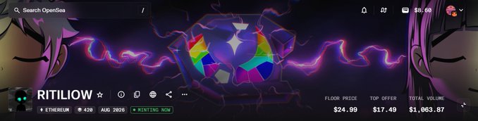 An OpenSea NFT collection page for 'RITILIOW' on the Ethereum network, displaying a floor price of $24.99, a top offer of $17.49, and a total volume of $1,063.87.