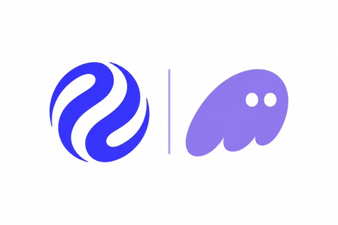 Two purple logos are shown side by side separated by a vertical line: on the left is a stylized circular swirl logo and on the right is a ghost-like figure with two white eyes.