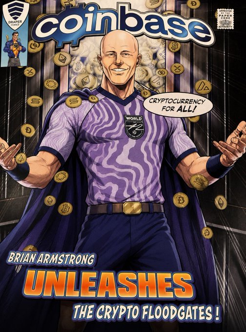 A comic-book style illustration depicts Coinbase CEO Brian Armstrong in a purple superhero costume with a flowing cape, arms outstretched as cryptocurrency coins rain down around him, with the "Coinbase" logo above and a speech bubble declaring "CRYPTOCURRENCY FOR ALL!" The bottom text reads "BRIAN ARMSTRONG UNLEASHES THE CRYPTO FLOODGATES!" tying into the post's announcement that $brian trading is now unleashed on 42.space without needing to be on Base.