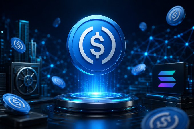 A glowing blue USDC coin (marked with the "$" symbol) hovers above a futuristic digital pedestal, surrounded by floating USDC tokens and a network of blockchain nodes. The image visually represents the newly minted 250 million $USDC issued by Circle on the Solana blockchain, symbolizing the expansion of USDC's supply and its integration into the crypto ecosystem.