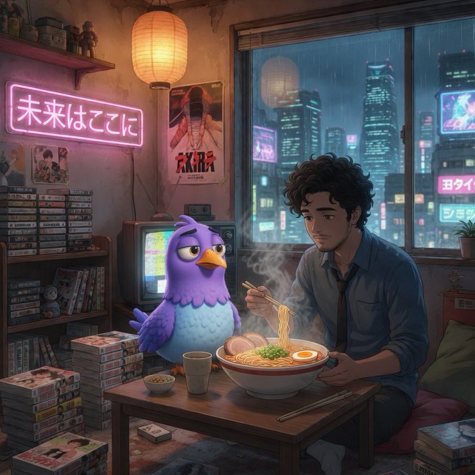 The image features an anime scene with two characters - a man sitting at a table eating noodles while a bird sits nearby. The man has chopsticks in his hand as he enjoys his meal. There are several books scattered around the room, indicating that this could be a living space or a creative workspace for the artist who created it.