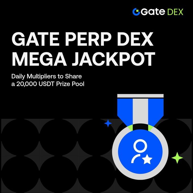 A promotional graphic for 'Gate DEX' advertising a 'GATE PERP DEX MEGA JACKPOT' with 'Daily Multipliers to Share a 20,000 USDT Prize Pool', featuring an illustrated medal against a black background.