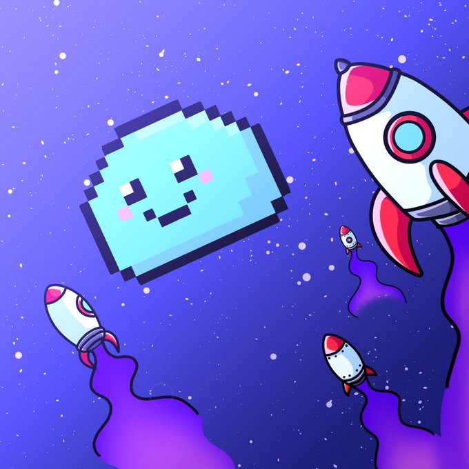 A whimsical digital illustration featuring a smiling cyan pixelated character floating in a starry purple cosmic background alongside several cartoon rockets with red fins trailing purple exhaust.