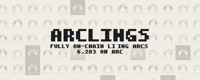Pixel-art style logo banner for "ARCLINGS - FULLY ON-CHAIN LIVING ARCS - 6,283 ON ARC" with a repeating grid of small arched character sprites in the background.