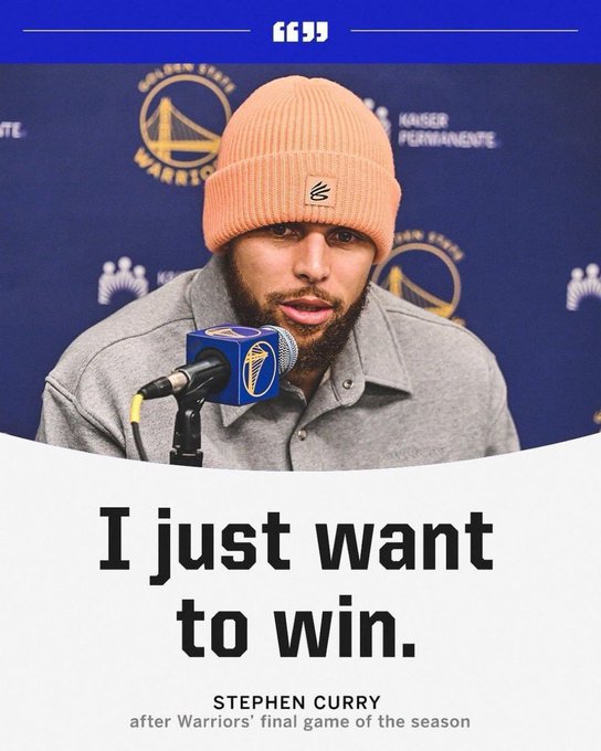 Stephen Curry, wearing an orange beanie, sits at a press conference with the quote 'I just want to win.' attributed to him after the Warriors' final game of the season.