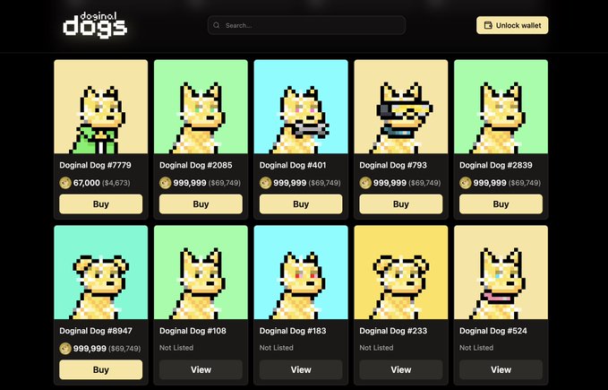 The image shows a marketplace for "Doginal Dogs" NFTs, featuring pixelated dog characters with varying attributes like sunglasses, hats, and different colored backgrounds. The post highlights that Doginal Dog #7779 is the last gold/special variant available at $4,673, after which prices jump to $69,749 (999,999) for other rare gold variants like #2085, #401, #793, and #2839.