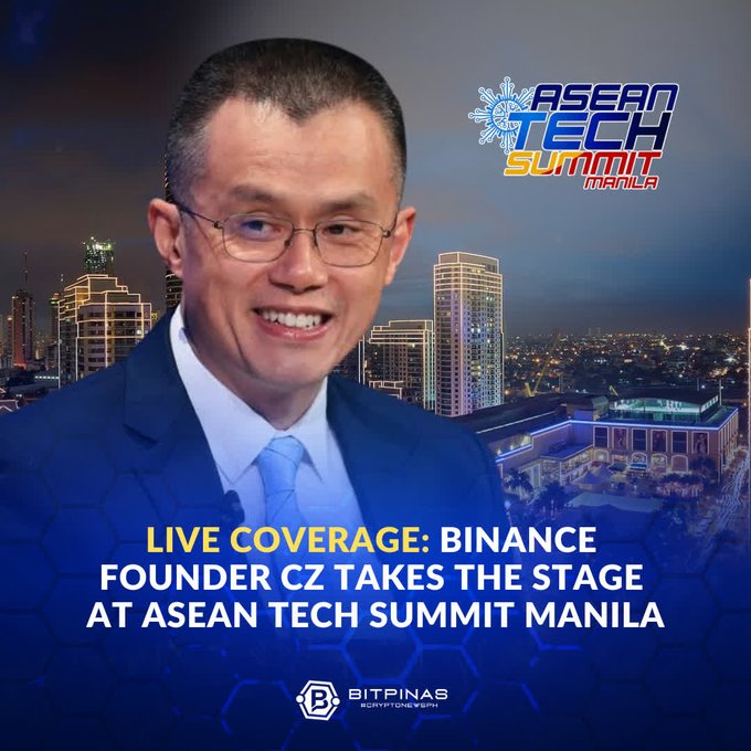 A promotional graphic for 'ASEAN TECH SUMMIT MANILA' featuring a smiling man in glasses and a suit, with text reading 'LIVE COVERAGE: BINANCE FOUNDER CZ TAKES THE STAGE AT ASEAN TECH SUMMIT MANILA' and the Bitpinas logo.