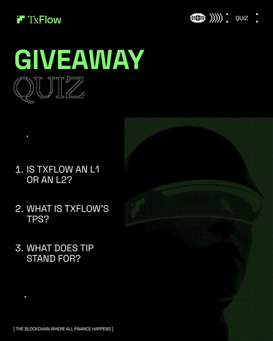 A promotional giveaway quiz for TxFlow featuring a question about TxFlow being an L1 or L2, its TPS, and what TIP stands for, with the tagline '[THE BLOCKCHAIN WHERE ALL FINANCE HAPPENS]'.