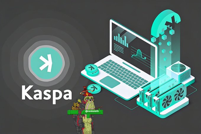 A stylized graphic features the teal Kaspa logo alongside an isometric illustration of a laptop displaying charts, connected to a mining rig and mining pool graphics, with the text "Kaspa" and "@renkseieth" visible, visually reinforcing the post's claim that the $KAS proof-of-work network is achieving high-speed, low-fee mainnet performance through efficient mining hardware.