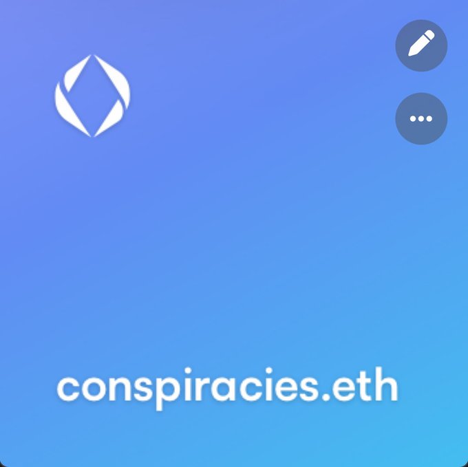 The image displays the ENS domain "conspiracies.eth" on a blue gradient background, featuring the Ethereum/ENS logo in the top left and editing/menu icons in the top right. This appears to be an ENS profile page, fitting the post's theme of speculating about potential identity (such as "way.eth") behind large Ethereum transactions or moves within the ENS ecosystem.