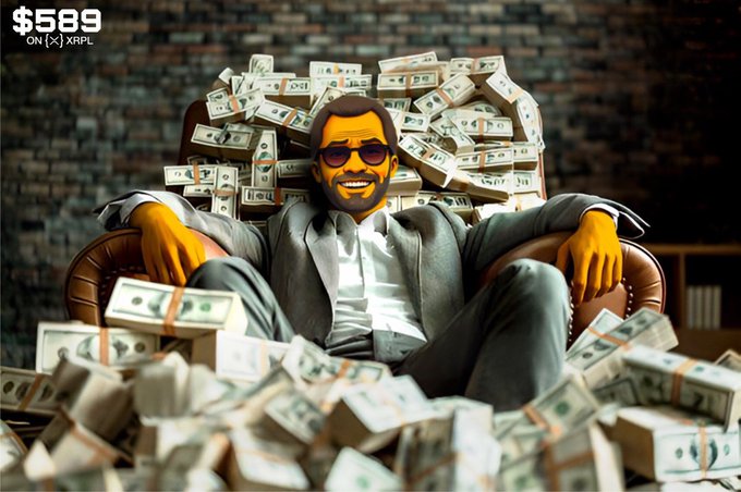 A cartoon-style illustration of a man in a suit lounging on a leather chair surrounded by massive stacks of cash, with text reading '$589 ON (X)XRPL' in the top left corner.