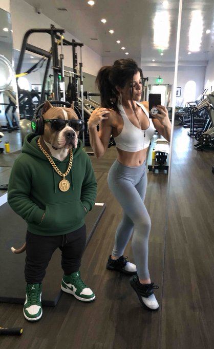 A photo of a woman in a white sports bra and gray leggings taking a mirror selfie in a gym, standing next to a digitally added pit bull wearing a green hoodie, sunglasses, a gold chain, and green sneakers.