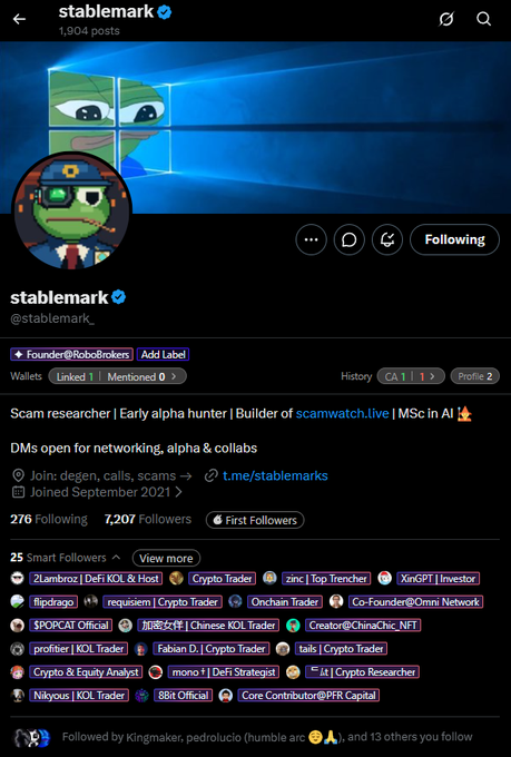 A Twitter/X profile for 'stablemark' (@stablemark_) with a Pepe frog avatar, describing themselves as a 'Scam researcher | Early alpha hunter | Builder of scamwatch.live' with 7,207 followers.
