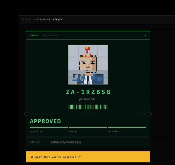 A dark-themed Zaddr whitelist application interface showing an 'APPROVED' status with a pixelated character avatar, the identifier 'ZA-1R2ZBSG', username '@heshou55115', and an address 'u1fuf1c]2v3g-9can50vn'.