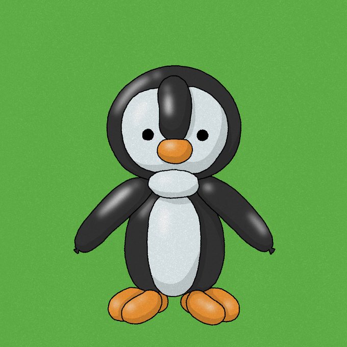 A cartoon illustration of a cute penguin mascot with a black and gray body, orange beak and feet, standing against a green background.