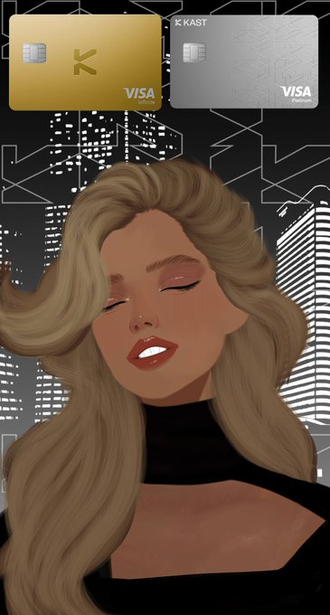 A stylized digital illustration of a blonde woman with closed eyes, set against a city skyline background, with KAST and K Visa debit cards displayed at the top.