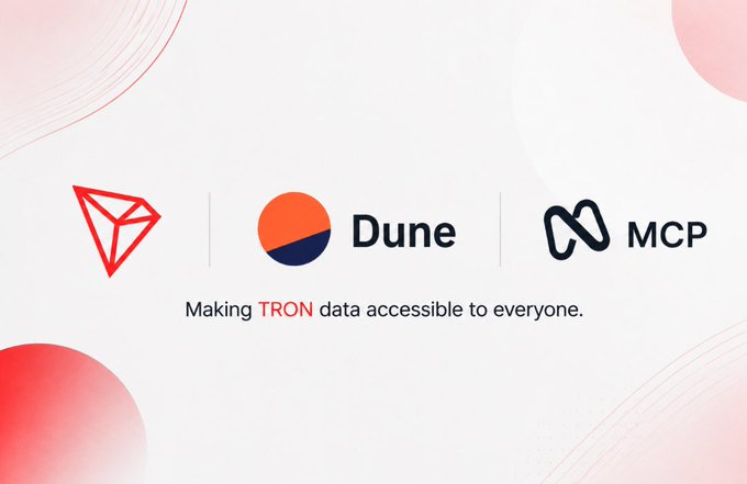The image features a white background with red circles scattered throughout. The text "MakingTRON data accessible to everyone." is displayed below the circles, along with logos for Dune MCP and TRON.