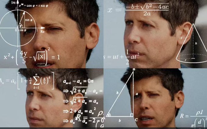 Four-panel image of Sam Altman's face overlaid with various mathematical formulas, equations, geometric diagrams, and calculus expressions.