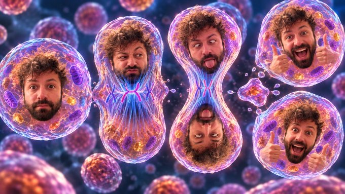 A surreal, colorful illustration shows a bearded man's face repeated inside translucent, glowing cellular or bubble-like shapes in shades of purple and blue.