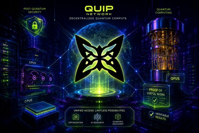 Futuristic promotional graphic for the 'QUIPT NETWORK' highlighting decentralized quantum compute, post-quantum security, and GPUs/CPUs/QPUs.
