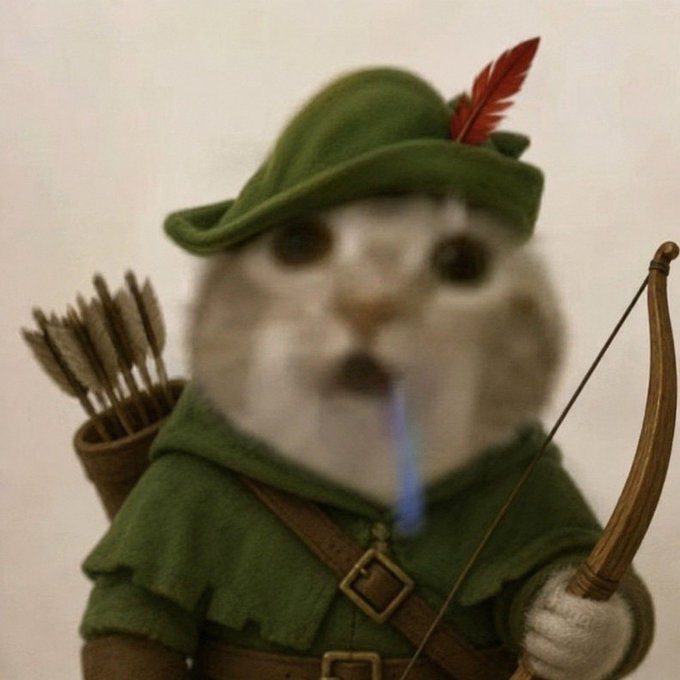 A meme image of a fluffy white cat dressed as Robin Hood with a green hat and tunic, holding a bow and a quiver of arrows, with a blue object hanging from its mouth.