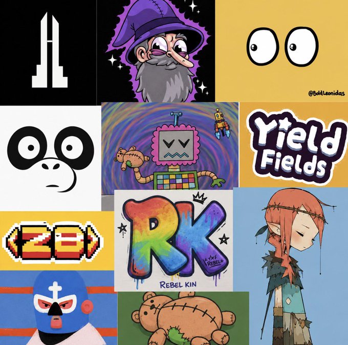 A collage of various NFT-style artworks featuring diverse characters including a wizard, a blue luchador, and stylized figures, with text reading 'Yield Fields' and 'RK REBEL KIN'.