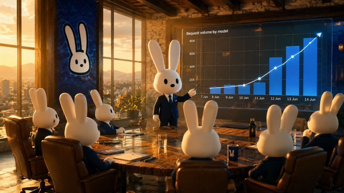The image shows a group of white rabbit figurines sitting around a conference table, with one figurine dressed in a suit standing at the front of the table and pointing towards a presentation screen displaying a graph. The post seems to be related to the cartoon character "Adam" from the movie Big Wile and his role as Dev from Microsoft Office. It is likely an advertisement or announcement for a product or event, possibly related to software development or office management tools designed for office spaces such as cubicles or boardrooms with conference tables, similar to what the rabbits are doing in this scene.